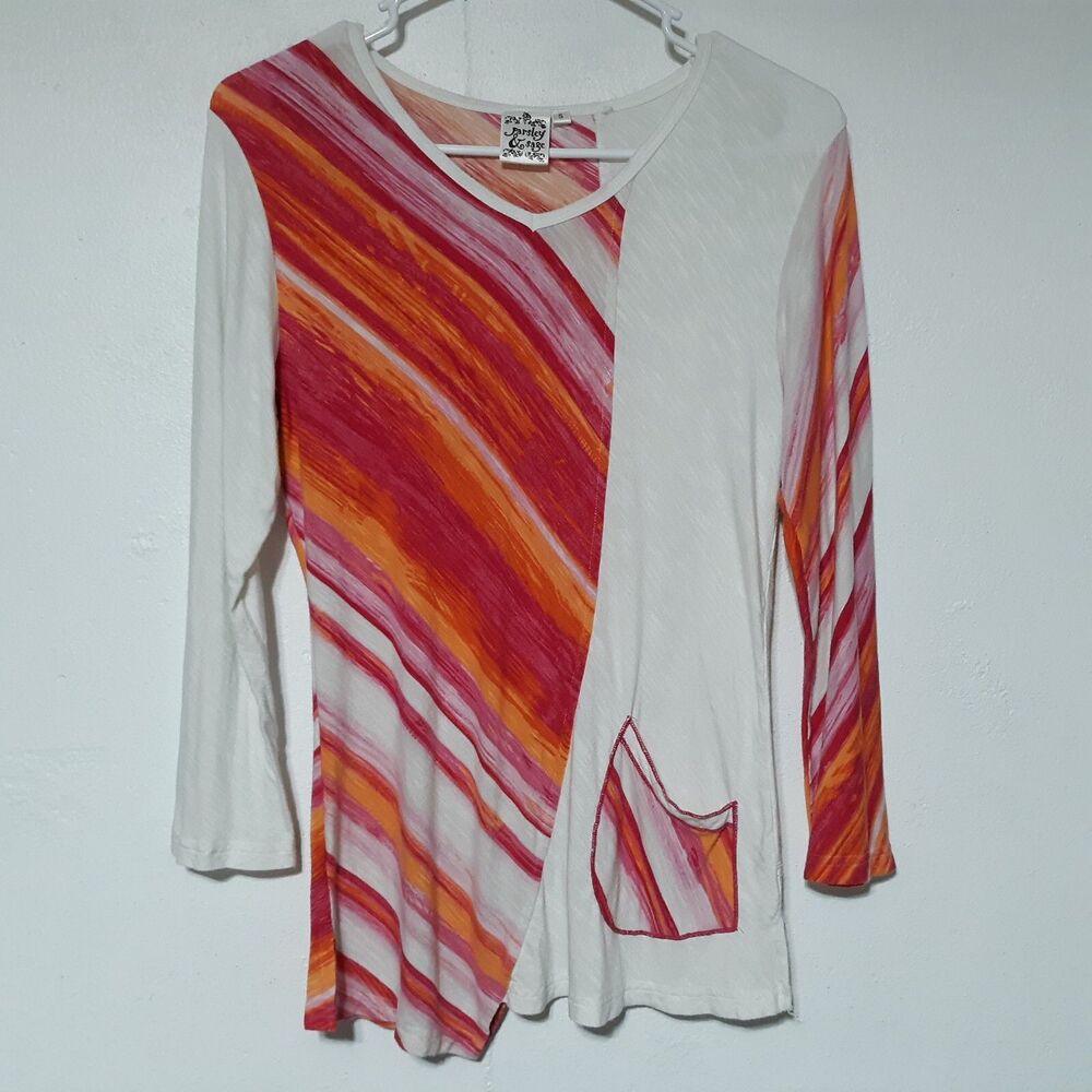 Parsley & Sage Womens Shirt Tunic Top S Asymmetrical Pink Orange White Colorful